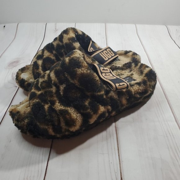 Ugg Slipper Shoes 8 Womens Fuax Fur Spell Out Heel Strap Black Brown Leopard - Picture 5 of 9